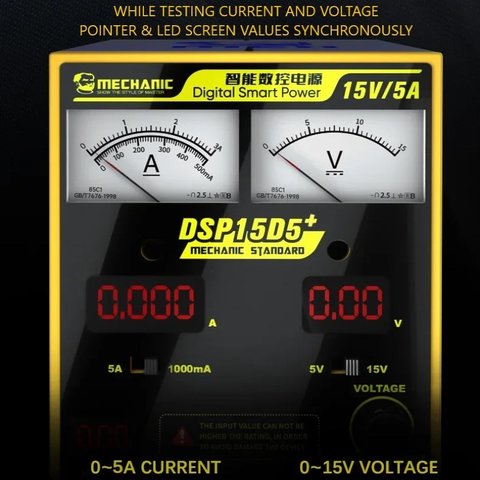 Лабораторний блок живлення Mechanic DSP15D5+, одноканальний, трансформаторний, до 15 В, до 5 А, комбіновані індикатори Прев'ю 1