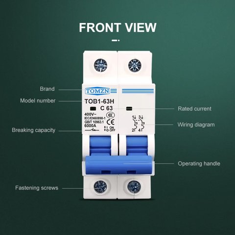 Автоматичний вимикач змінного струму TOMZN TOB1-63H-C25, 2P, 230-400В, 25 А Прев'ю 4