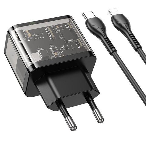 Мережевий зарядний пристрій Hoco N34, 20 Вт, Power Delivery (PD), чорний, прозорий, з кабелем USB тип-C до Lightning для Apple, 2 порта, #6931474799173 Прев'ю 1
